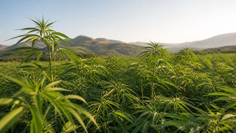 Cultivo de cáñamo industrial en un paisaje mediterráneo al amanecer