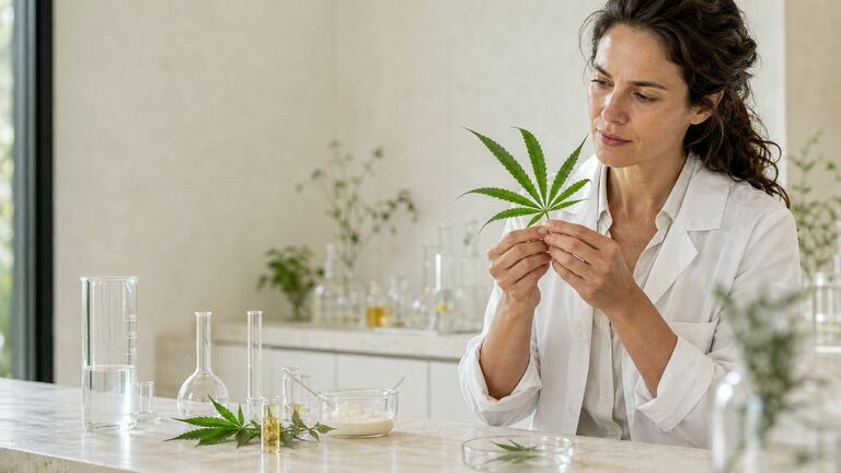 Profesional de formulación cosmética examinando una hoja de Cannabis sativa junto a material de laboratorio