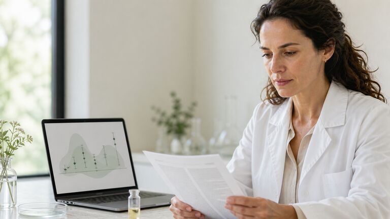 Investigadora revisando un estudio y un gráfico de evidencia