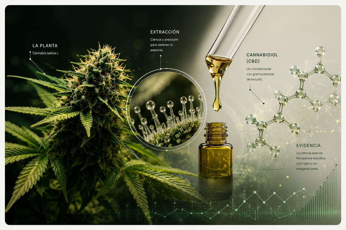 Ilustración conceptual del recorrido del CBD: una planta de Cannabis sativa L. junto a un gotero con extracto y un modelo molecular. Rótulos: «La planta — Cannabis sativa L.»; «Extracción — ciencia y precisión para obtener lo esencial»; «Cannabidiol (CBD) — un cannabinoide con gran potencial de estudio»; «Evidencia — la ciencia avanza, revisamos estudios con rigor y sin exageraciones»